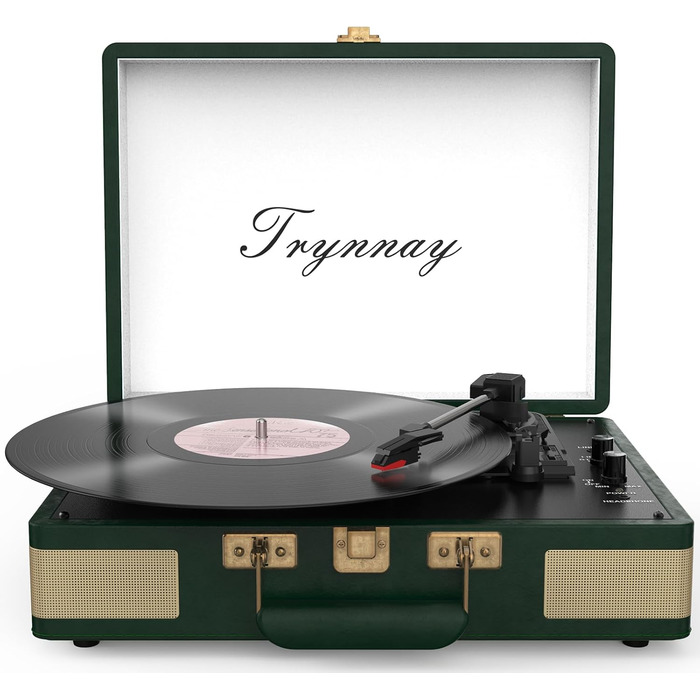 Вініловий програвач Trynnay 3-ступеневий Bluetooth у валізі, з вбудованими динаміками, покриття PU-шкіра, зелений, покращене аудіо