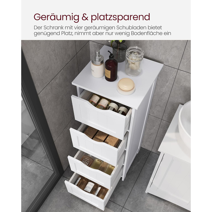 Шафка для ванної кімнати VASAGLE з 4 висувними ящиками, 30 x 30 x 82 см, білий колір, для ванної, вітальні, кухні