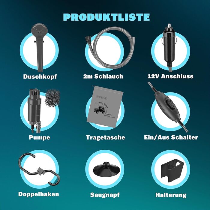 Monzana® Переносна кемпінгова душ з насосом 12V, KFZ-адаптер, сумка для зберігання, 2м шланг, 5м кабель, для авто, собак, саду, антрацит