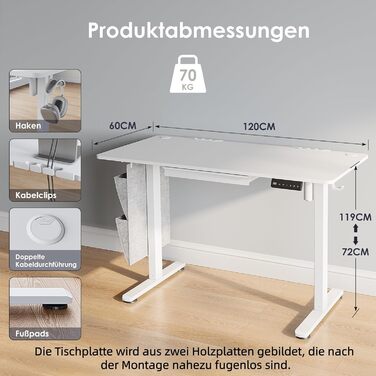 Електричний регульований стіл висотою 120x60 см з пам'яттю, з шухлядами для дому/офісу/навчання (білий)