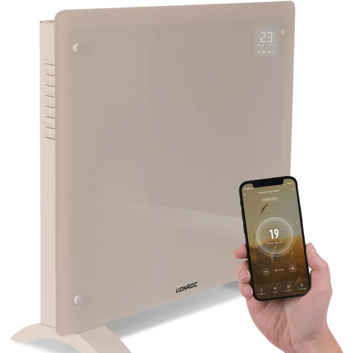 Електричний конвекторний обігрівач VONROC - 1000W, для кімнат до 24м², настінний/підлоговий монтаж, ручне/APP керування, білий