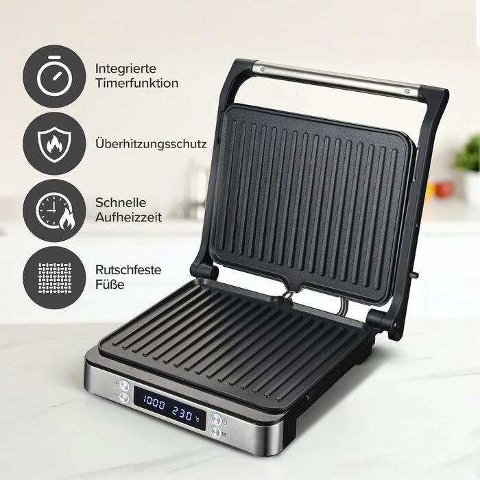 Olvy Sandwichmaker XXL: Цифровий контактний гриль 3-в-1 з антипригарним покриттям, регульована температура, таймер, велика поверхня приготування, Cool-Touch ручка, покриття без PFAS