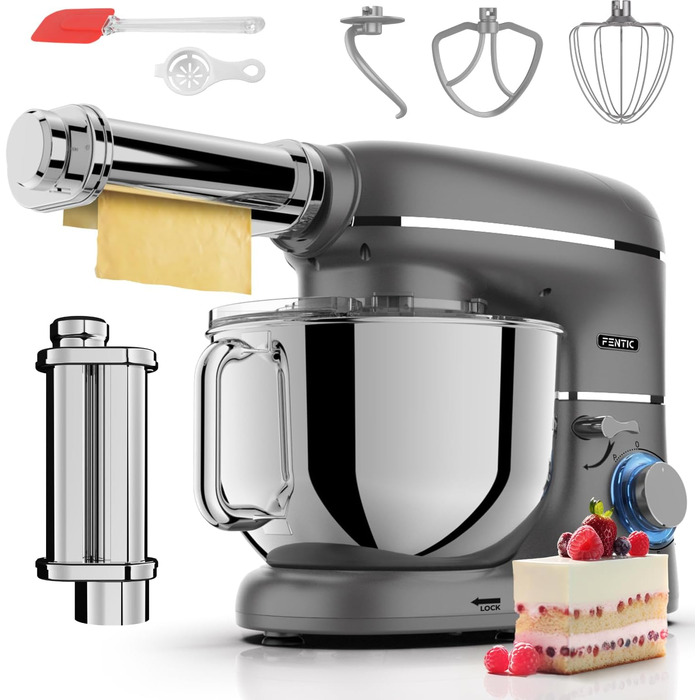 Кухонна машина з тістомісом та спагетницею – 2000W, з нержавіючою сталею, 6.2L, сірий колір