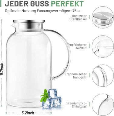 Скляна карафа SUSTEAS 2.0/2.5 л з кришкою для води, соку, кави, чаю та вина