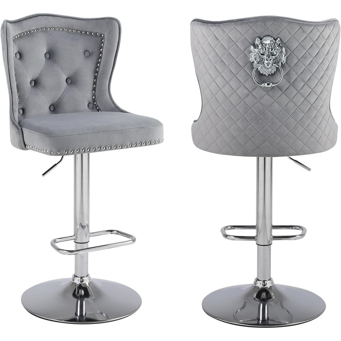 Набір з 2 барних стільців Samt - сучасні стільці для бару з високою спинкою, оббивка велюром, регульована висота, сірий