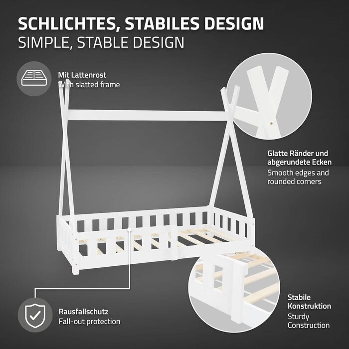 Дитяче ліжко-халапа Tipi 70x140 см біле з бортиками та ламелями, з сосни, індіанське ліжко для дівчаток та хлопчиків, будиночок-ліжко з огорожею, ліжко-халапа для дітей та підлітків, ігрове ліжко-намет