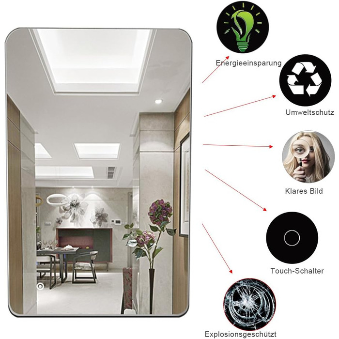 LED-дзеркало для ванної кімнати на стіну з сенсорним вимикачем, без ртуті, 4 мм, холодне біле світло (50 x 70 см)