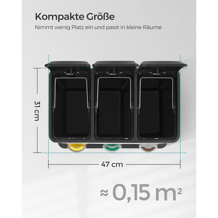 Сортувальний смітник для кухні SONGMICS 3×8 л з кришкою, сталевий педальний відро для роздільного збору, біло-сірий, для маленьких сімей