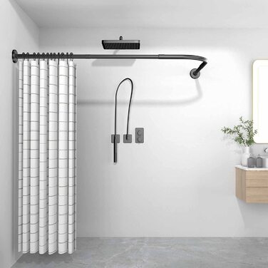 Карниз для душової кабіни L-подібної форми, кутова душова штанга для ванної кімнати, регульований свердлильний душовий карниз для ванної кімнати/ванни (75-95x95-115 см, чорний)