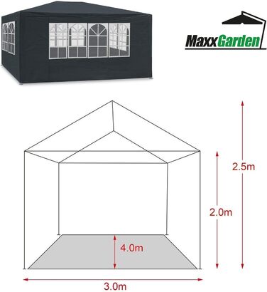 Альтанка MaxxGarden 3x4 м - Садовий намет - шатро - 12м - Захист від ультрафіолету 50 - Водонепроникний - 4 бічні панелі (чорний)