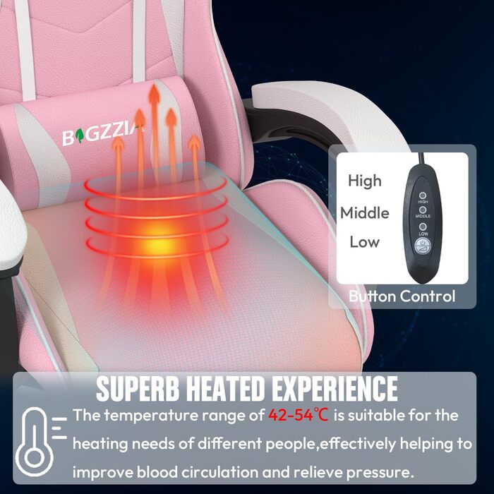 Ігровий крісло Bigzzia Ergonomic з підігрівом, рожево-білий, для геймерів, комп'ютерне, з підголівником та підлокітниками