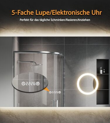 Дзеркало для ванної кімнати зі підсвічуванням SVNR, 70 x 50 см, LED, з 4 мм дзеркалом без вмісту міді, подвійне сенсорне керування, антизапарник, регулювання кольору світла (3000K-6400K), Smart-дзеркало з лупою 5x та розеткою для гоління