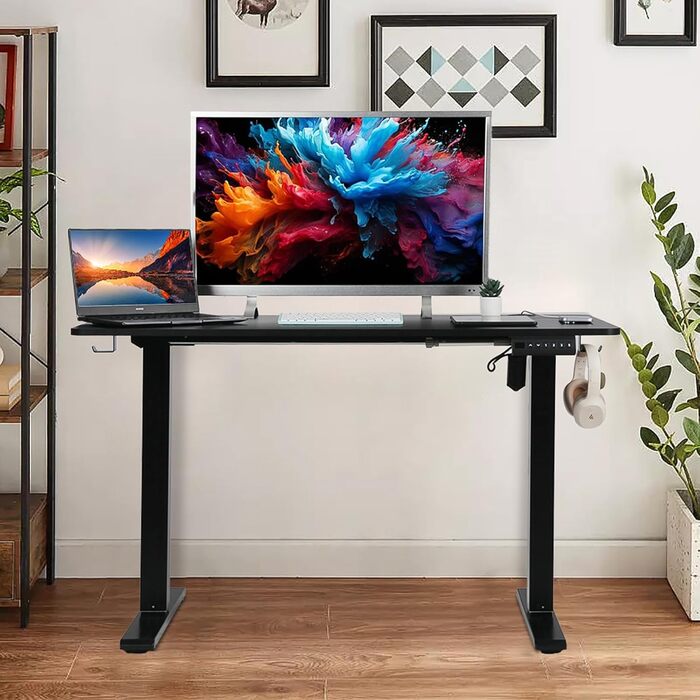 PACHIRA Електричний регульований стіл, 120x60 см, з пам'яттю та LED-дисплеєм, з гачком та кабелеуправлінням, ергономічний для дому/офісу, білий/чорний