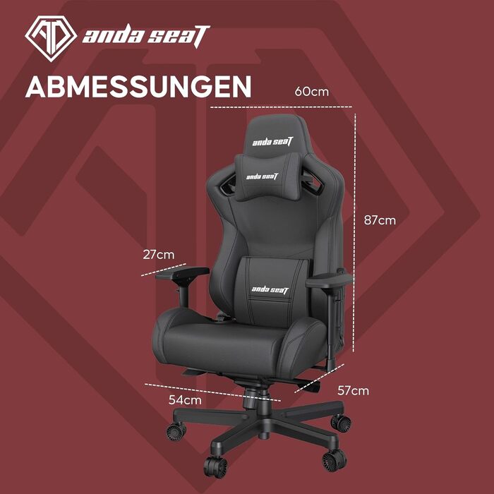 Крісло ігрове Anda Seat Kaiser 2 XL Schwarz Leder - ергономічне, з регульованими підлокітниками та подушками для голови та попереку, для дому та офісу