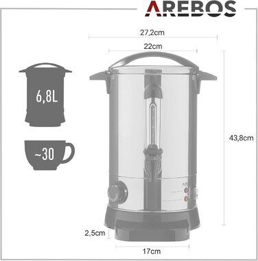 Електричний глінтвейнер Arebos 950 Вт | Диспенсер гарячих напоїв, 6.8 л | З піддоном, краном, термостатом та захистом від перегріву | Регулювання температури 30-110°C, сріблястий
