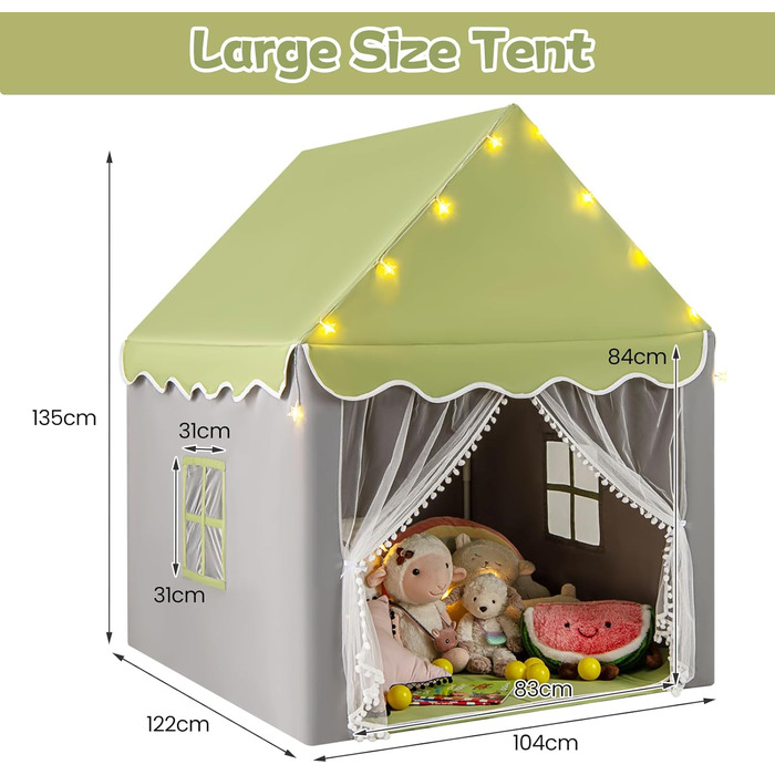 Дитячий намет HOMASIS для гри в приміщенні, ігровий будиночок з килимком, зірками та вікнами, з подвійним занавісом, намет для дівчаток та хлопчиків, намет- tipi (зелений)