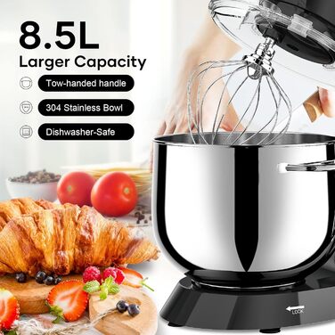 Кухонна машина Vezzio 1500W з чашею 8.5л з нержавіючої сталі, 10 швидкостей, для замішування та збивання тіста (чорна)