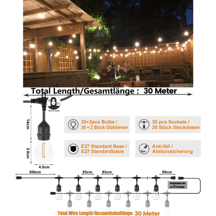 LED гірлянда Achin 15M для зовнішнього використання, тепле біле світло 2700K, 25+2 лампочки G40 E12, диммування, для саду, вечірки, тераси