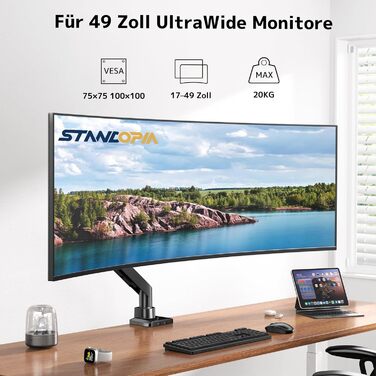 Кріплення для монітора - підходить для екранів 17-49 дюймів, Ultrawide, регульоване по висоті, нахилу та повороту, вантажопідйомність 20 кг, VESA 75/100 мм, чорний