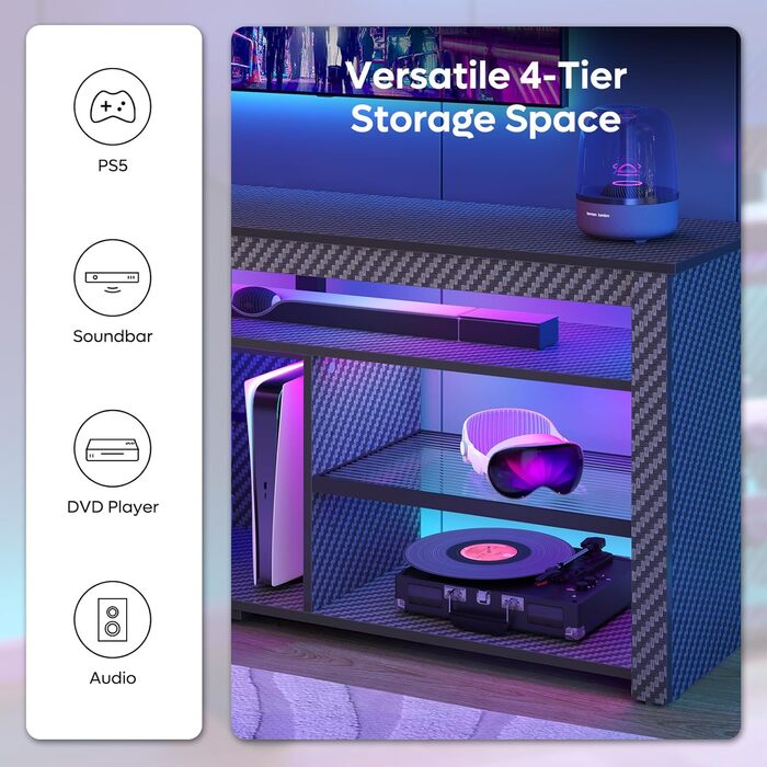 Тумба під телевізор Bestier 70 дюймів з підсвіткою LED, для PS5, чорна карбонова - 160x33.8x66.8 см