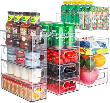 Організатор для холодильника THLEITE, набір з 12 предметів(4 модернізованих середніх / 4 середніх / 4 маленьких), контейнер для зберігання в коморі, прозорий