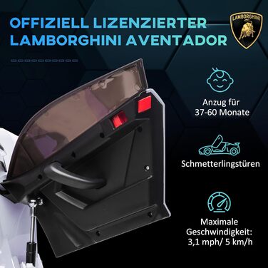 Електромобіль для дітей HOMCOM Lamborghini Aventador SVJ Roadster 12V з пультом, MP3, сигналом, фарами, білий, для дітей 3-5 років