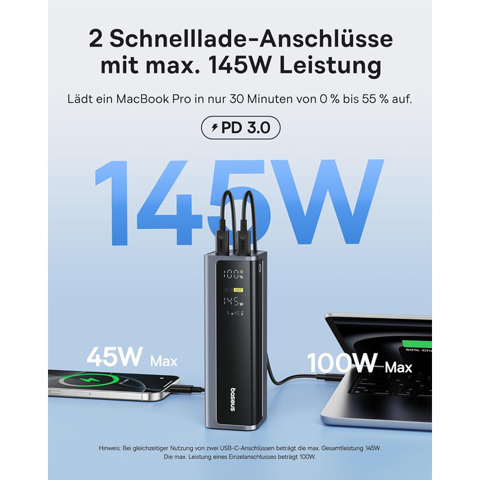 Powerbank Baseus EnerGeek 145W 20800mAh з 2x USB-C PD 3.0 (100W) для ноутбуків, MacBook, iPhone, Samsung, SteamDeck, Digital Display