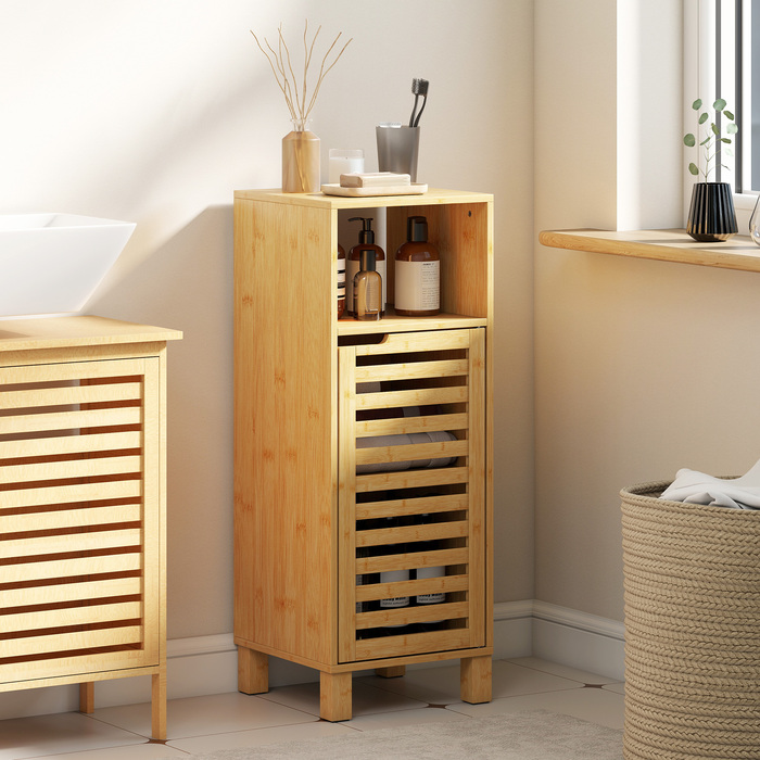 Шафа для ванної кімнати з відкритою полицею, шафка, бамбукова деревина, жалюзійна дверцята, світло-коричневий