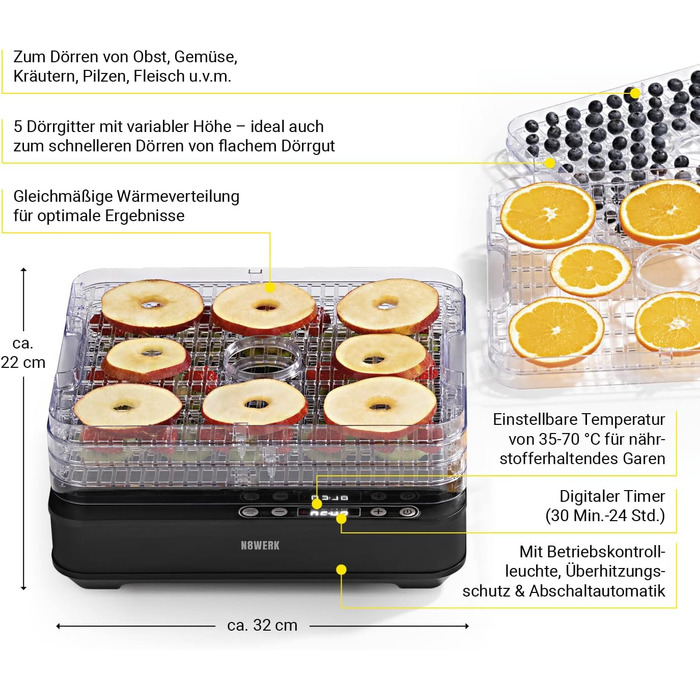 Дегідратор N8WERK з нержавіючої сталі Регулятор температури від 35-70 C, цифровий таймер (до 24 годин) Дегідратор з 5 решітками, регульований по висоті Приготування їжі з фруктів і овочів зі збереженням поживних речовин