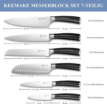 Набір кухонних ножів Keemake 7 предметів з дерев'яним блоком, професійний набір кухонних ножів з нержавіючої сталі, міцні та гострі