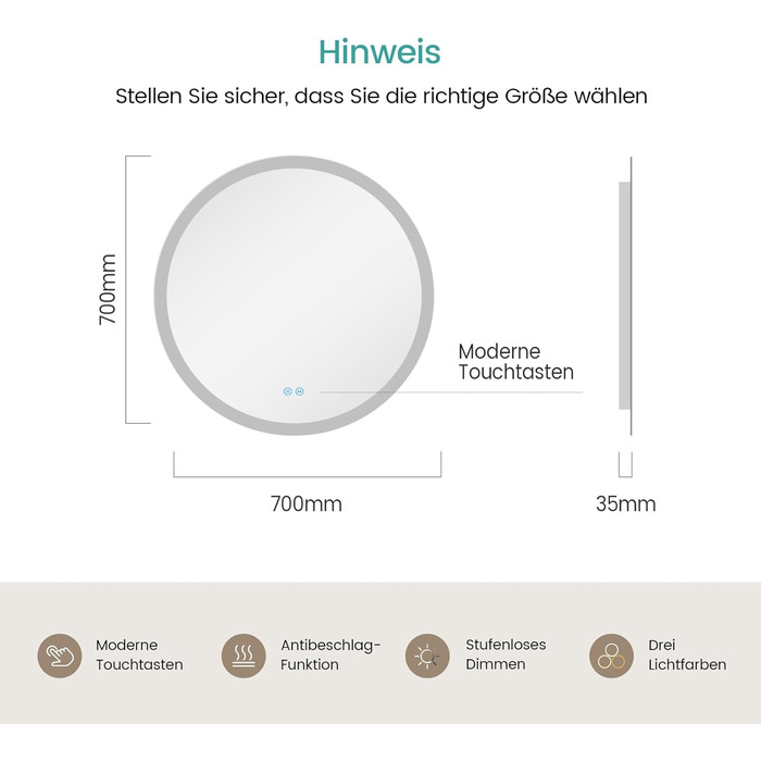 Дзеркало для ванної кімнати EMKE з підсвічуванням 80x60 см, сенсорне керування, антизапар, 3 кольори світла, регулювання яскравості, функція пам'яті, енергозбереження