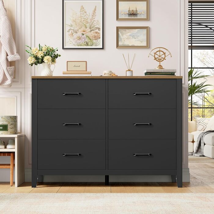 Комод HOCSOK з 6 висувними ящиками, чорний комод з дерев'яною полицею, шафа для зберігання в вітальню, спальню, кімнату для підлітків та коридор, 100x40x81 см