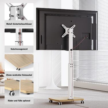 Підставка для телевізора мобільна з дерев'яною основою, поворотна, 19-42 дюйми, біла, до 20 кг, VESA 200x200 мм