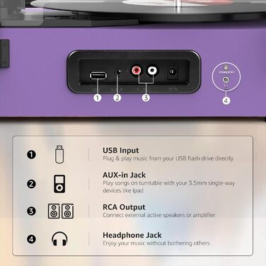 Вініловий програвач Udreamer з Bluetooth, вбудованими динаміками, пасиковим приводом, вінтажний фоноґраф на 3 швидкості, для музики та декору, фіолетовий