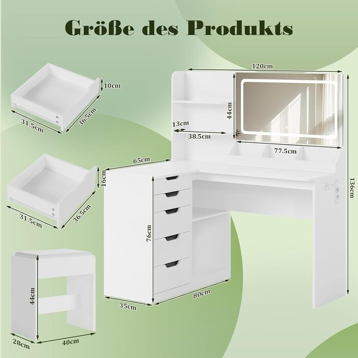 Дзеркальний столик для макіяжу Devoko з LED-підсвічуванням та пуфом, кутовий туалетний столик з розеткою, 5 ящиків, відкриті полиці, тримач для фену, для спальні (білий)