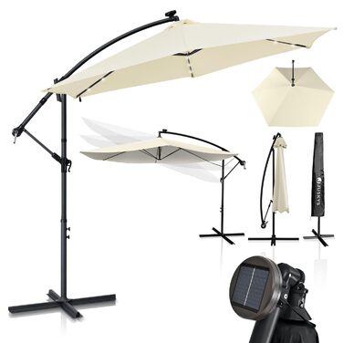 Парасолька від сонця Juskys Brazil 350 см з LED-підсвіткою, сонячною панеллю та ручкою, водовідштовхуюча, з UV-захистом, колір крем/сірий