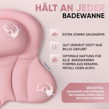 Преміум подушка для ванни XXL рожева | Додаткові подушки для шиї та плечей | Швидковисихаюча, пральна подушка для ванни з 4 великими присосками | Подушка для ванни рожева XX-Large