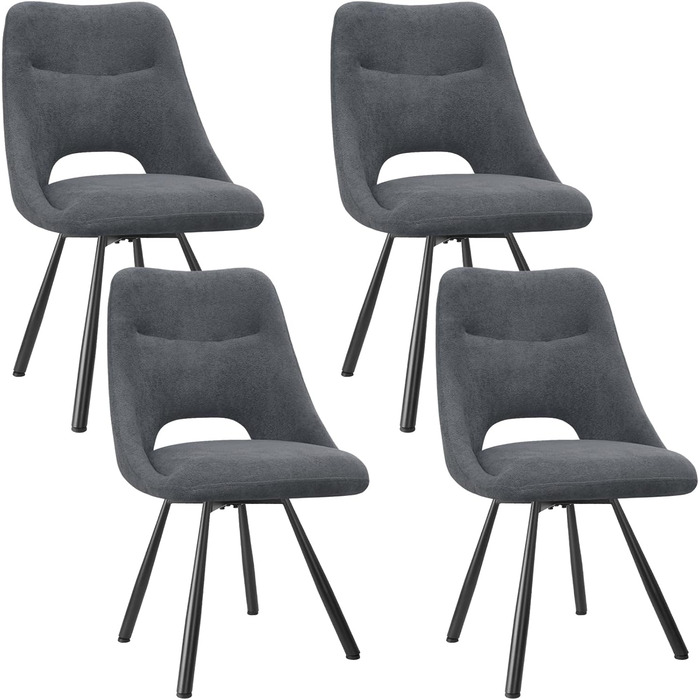 Набір обідніх стільців, 180° поворотний кухонний стілець, стільці для туалетного столика з імітацією бавовни-кашеміру, сучасний м'який стілець для вітальні з металевими ніжками (4 не поворотні, темно-сірий)