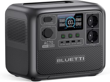 Портативна електростанція BLUETTI AC70, 768Wh LiFePO4, 2x1000W AC, 100W USB-C, швидка зарядка, для кемпінгу та резервного живлення (відновлена)