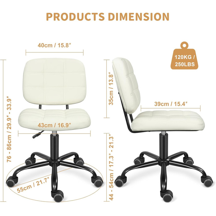 Офісний стілець без підлокітників Leader Accessories - регульована висота, ергономічний, для дому та офісу, білий, 86x55 см, до 120 кг