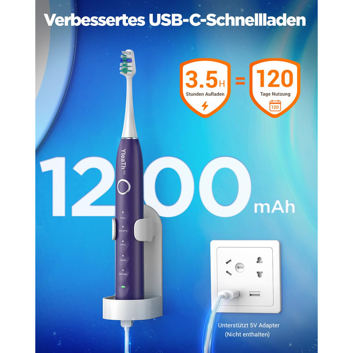 Електрична зубна щітка зі звуковими вібраціями, 8 насадок (3 типи), таймер, 120 днів роботи від акумулятора, 5 режимів чищення, чохол для подорожей, зарядний пристрій, що кріпиться до стіни (фіолетовий)