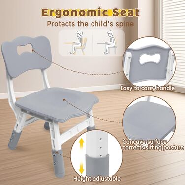 Дитячий стіл зі стільцями (80x60 см), регульована висота, сірий. Ідеально для дитячого садка, ігор, малювання. Легко миється. Комплект для дітей від 2 років.