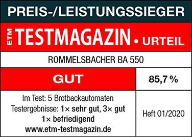 Хлібопічка ROMMELSBACHER BA 550 - 13 програм, автоматичний відсік для інгредієнтів, 2 розміри хліба (700 г / 900 г), регульований ступінь підрум'янювання в 3 етапи, також для безглютенового хліба, нержавіюча сталь/чорний