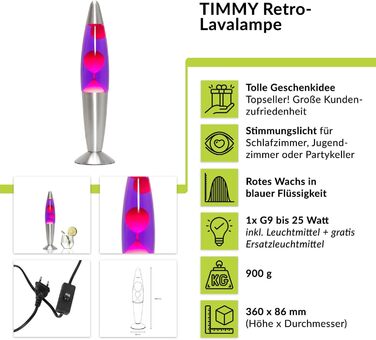 Лава лампа 36см червоно-фіолетовий Timmy G9 30 Вт з кабельним вимикачем Подарункова ідея Різдво в комплекті з лампочкою Лампа Magma червоний, фіолетовий, сріблястий