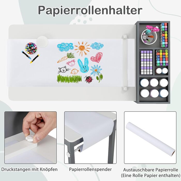 Дитячий столик та 2 стільчики DREAMADE 2-в-1 з паперовою рулонною полицею та 4 текстильними боксами для зберігання, дерев'яний дитячий куточок для малювання та ігор у дитячу кімнату (Сірий)