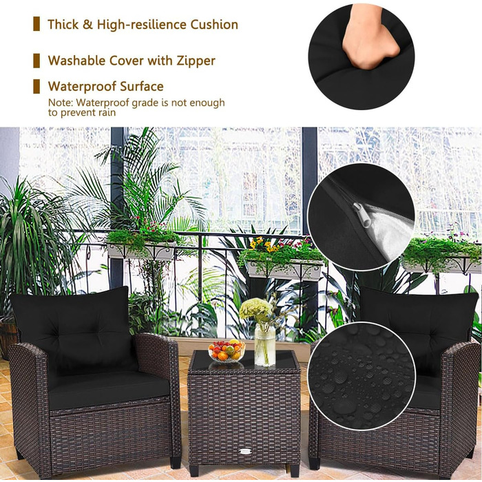 Набір садових меблів LIFEZEAL 3 предмети: 2 крісла та стіл з ротангу PE, чорний. Садовий комплект для тераси, балкона, саду з подушками