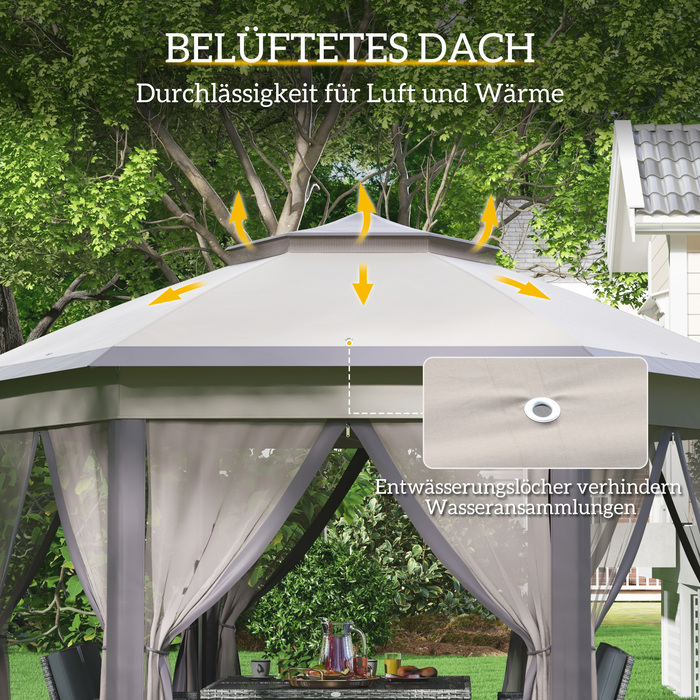 Альтанка Outsunny Garden Folding Gazebo 4x4 м Pop Up Tent Party Tent з сумкою для перенесення та 6 бічними панелями, подвійний навіс шестикутний у кавовому та бежевому кольорах