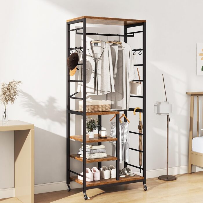Стійка для одягу IBUYKE з 3 полицями та 8 гачками, індустріальний стиль, прихожа, спальня, колір: натуральний та білий