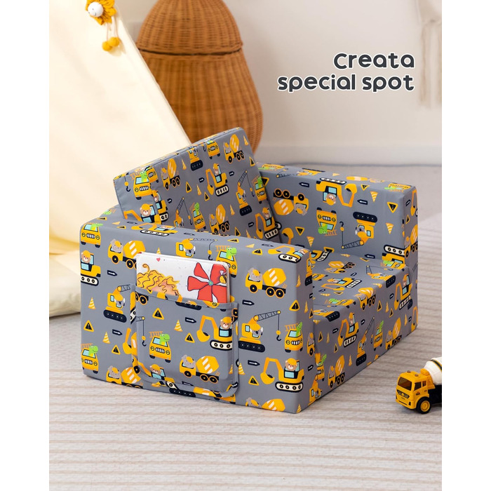 Дитяче диван-ліжко BEJOY 2 в 1: диванчик та крісло, Sherpa, сірий з машинками для дитячої кімнати, подарунок