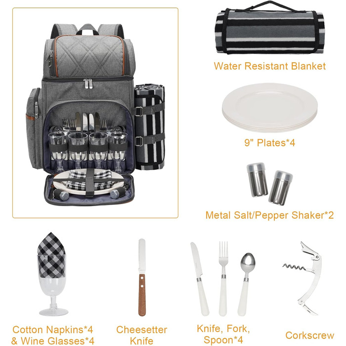 Набір для пікніка на 4 особи: рюкзак, корзина, сумка-холодильник, ковдра, для кемпінгу, парку (сірий)